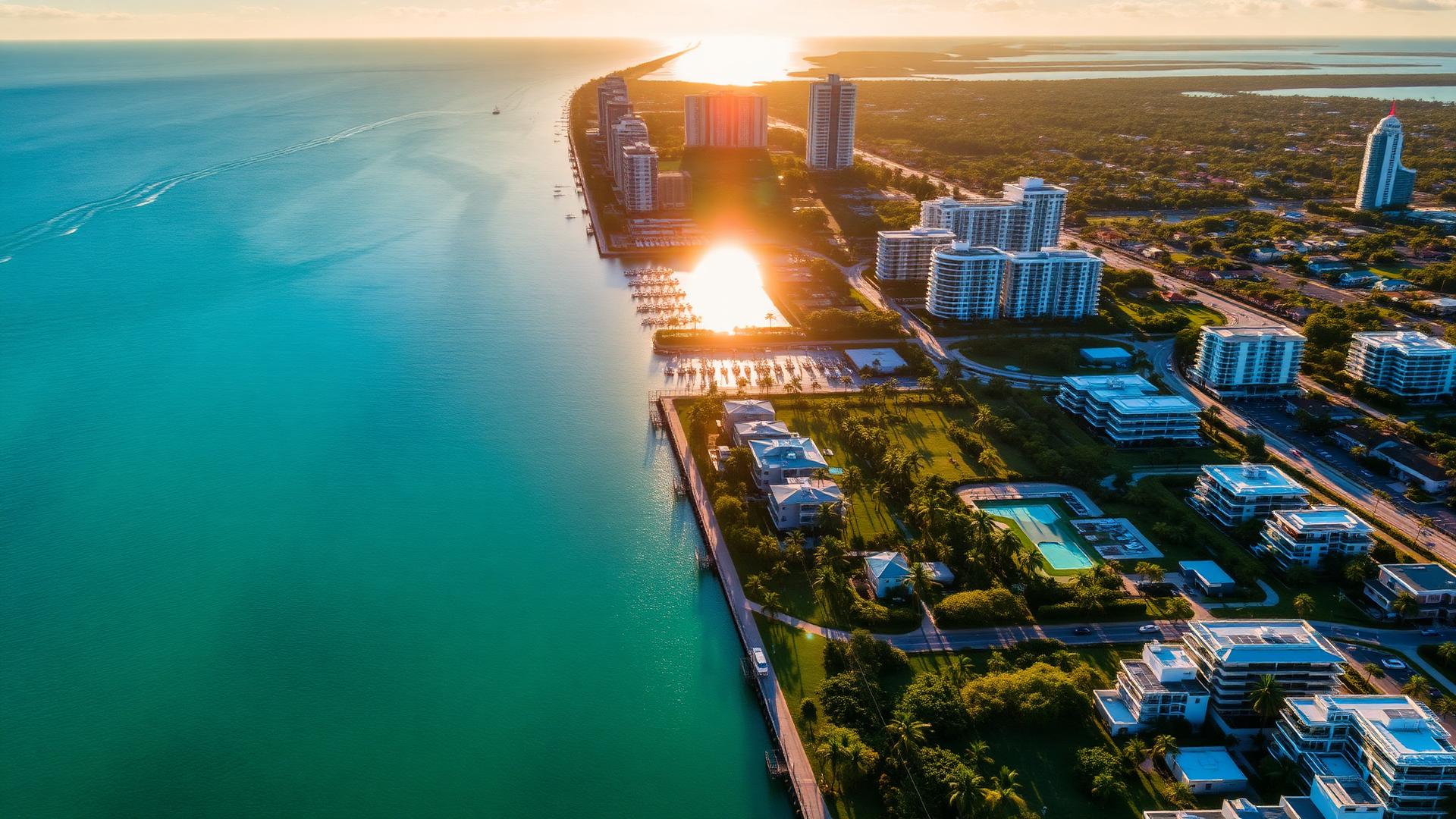 Florida coastal homes with turquoise water and palm trees